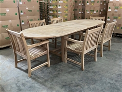 Eden Oval Double Extension Teak Table 200cm Regular To 300cm w/ Extension x 120cm Width Set w/ 6 Flores Arm Chairs Eden Oval Double Extension Teak Table 200cm Regular To 300cm w/ Extension x 120cm Width Set w/ 6 Flores Arm Chairs
