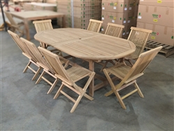 Kalimantan Oval Double Extension Teak Table 240cm Regular To 300cm w/ Extension x 120cm Width Set w/ 8 Shelia Premium Folding Chairs Kalimantan Oval Double Extension Teak Table 240cm Regular To 300cm w/ Extension x 120cm Width Set w/ 8 Shelia Premium Folding Chairs